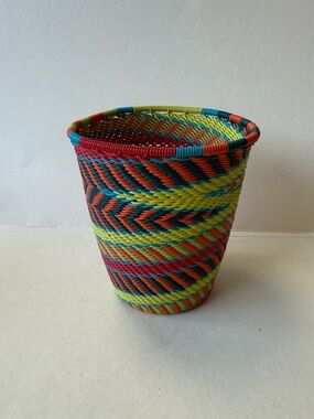 Vintage African Handwoven Multicolor Telephone Wire Decorative Basket Cup.